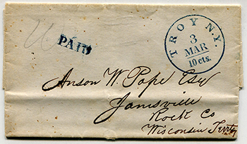 Stampless Cover Troy NY Oval Cancel, PAID