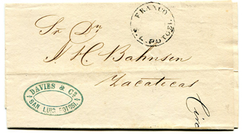 Mexico Stampless Cover: San Luis Potosi to Zacatecua 1868