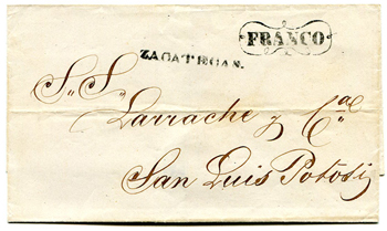 Mexico Stampless Cover: Zacatecas with Franco 1856