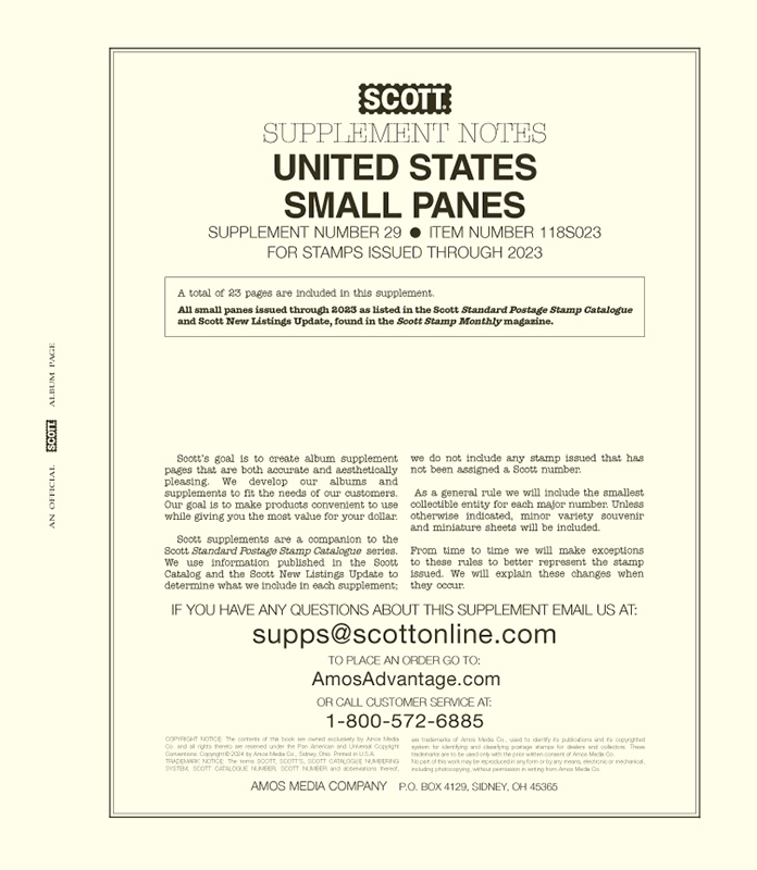 Scott U.S. Small Panes Supplement 2023