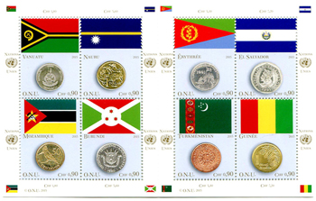 UN Geneva #594 Flags and Coins Sheet of 8 MNH