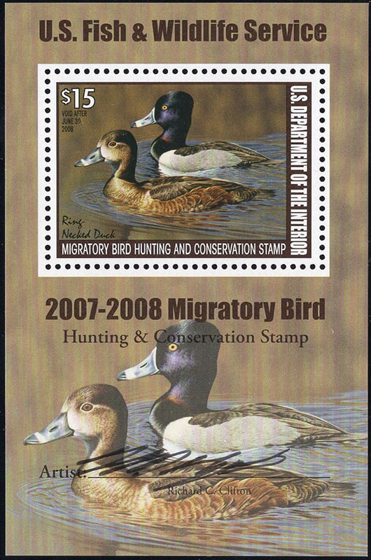 U.S. #RW74b Ring-Necked Duck w/signature Souvenir Sheet