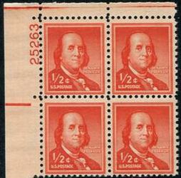 U.S. #1030-1/2c Benjamin Franklin PNB of 4