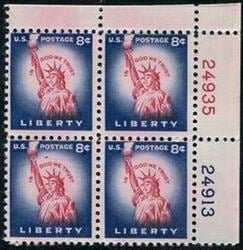 U.S. #1041 8c Statue of Liberty Flat Plate PNB of 4