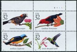 U.S. #3225a Tropical Birds PNB of 4