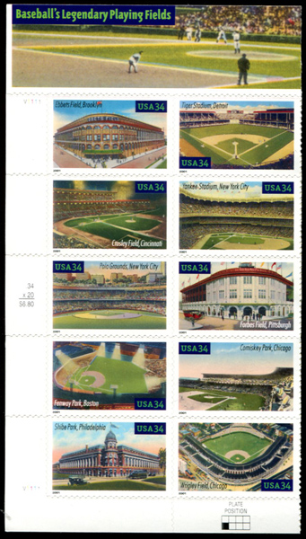 U.S. #3519a Baseball's Legendary Playing Fields PNB of 10