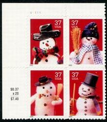 U.S. #3679a Christmas Snowmen - PNB of 4