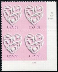 U.S. #4152 56c Silver Heart PNB of 4