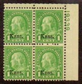 U.S. #658 1c Kansas Overprint MNH PNB of 4