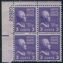 U.S. #807 3c Thomas Jefferson PNB of 4