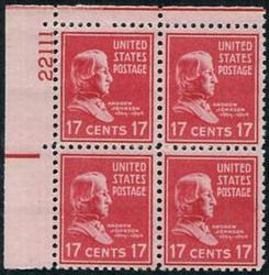 U.S. #822 17c Andrew Johnson PNB of 4