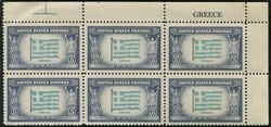 U.S. #916 Overrun Countries -Flag of Greece PNB of 6