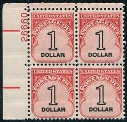 U.S. #J100 $1.00 Postage Due Numeral Outlined in Black PNB of 4