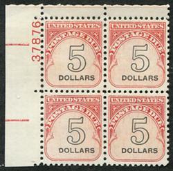U.S. #J101 $5.00 Postage Due Numeral Outlined in Black PNB of 4
