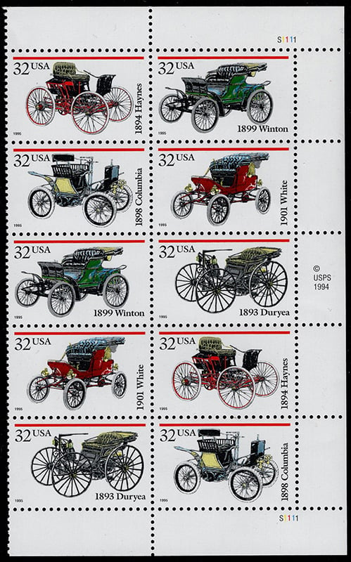 U.S. #3023a Antique Automobiles PNB of 10 - Vertical