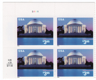 U.S. #3647A $3.85 Jefferson Memorial PNB of 4