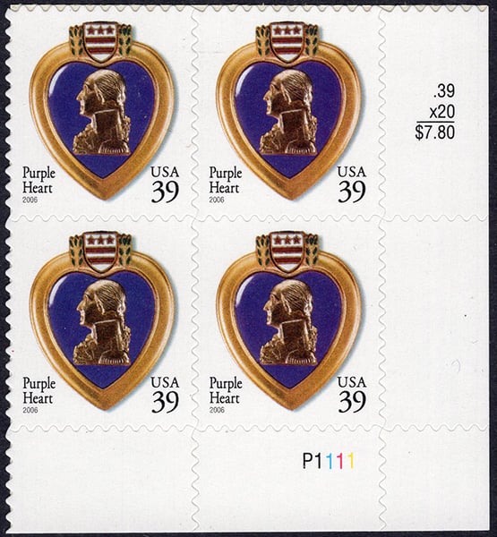 U.S. #4032 Purple Heart PNB of 4