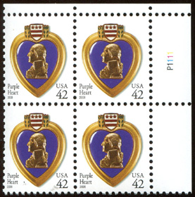 U.S. #4263 Purple Heart, water-activated PNB of 4