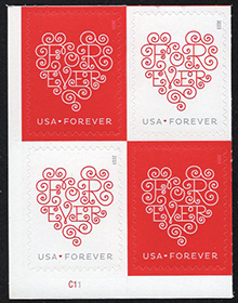 U.S. #4956a Forever Hearts, PNB of 4