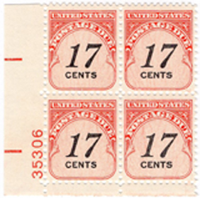 U.S. #J104 17c Postage Due PNB of 4