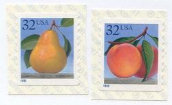 U.S. #2495-95A Peach and Pear Singles, 2 Singles MNH