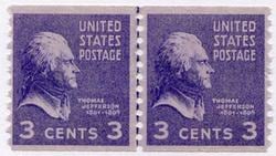 U.S. #842 3c Thomas Jefferson Line Pair MNH