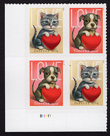 U.S. #5746b Love - Puppy & Kitten, PNB of 4