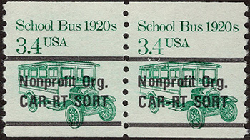 U.S. #2123a School Bus 1930s coil Pair Bureau Precanced, Non-profit Org.