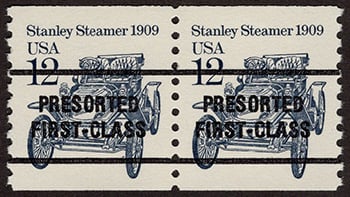 U.S. #2132b Stanley Steamer 1909 coil Pair Bureau Precanced, Presorted First Class, type II