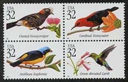 U.S. #3225a Tropical Birds Block of 4 MNH