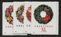 U.S. #3249a-52a Christmas Wreaths (1998), 4 Singles (from Pane)