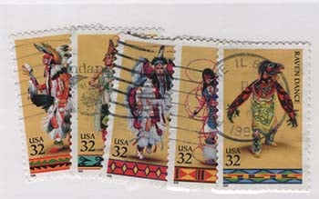 U.S. #3072-76 American Indian Dances, 5 Singles Used