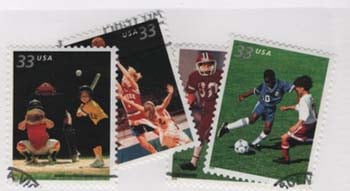 U.S. #3399-3402 Youth Team Sports, 4 Singles Used