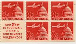 U.S. #C64b Jet Over Capitol 8c - Booklet Pane of 5 Slogan 2 (Zone Numbers)