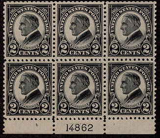 U.S. #610 Harding Memorial Issue PNB of 6 Mint