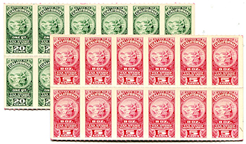 Two Panes of Calif. Tax Stamps